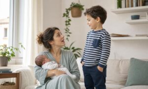 Una madre osserva il figlio di tre anni accanto al neonato addormentato.