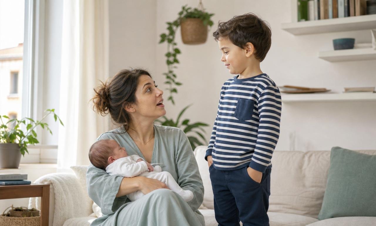 Una madre osserva il figlio di tre anni accanto al neonato addormentato.