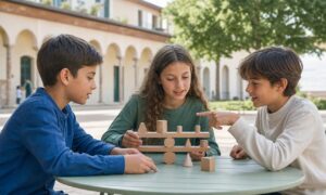Tre bambini collaborano per risolvere insieme un problema con forme geometriche di legno.