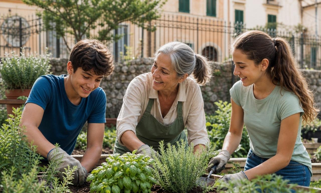 Adolescenti e un’anziana coltivano insieme un orto, uniti da relazioni che fanno bene alla salute.