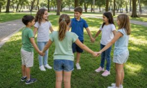 Bambini in un parco italiano formano una rete spontanea di amicizie e relazioni.