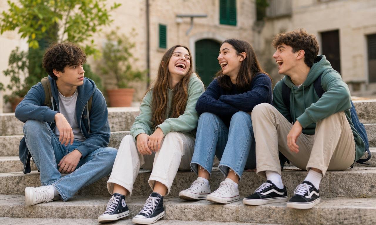 Un ragazzo resta serio mentre gli amici ridono insieme sui gradini di una piazza.