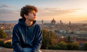 Adolescente osserva Firenze all’alba, tra ombre notturne e nuova luce dorata.