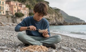 Un adolescente scolpisce una piccola barca nel legno, eliminando con cura il materiale superfluo.