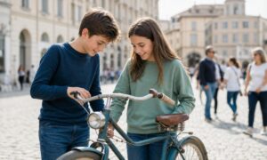 Due ragazzi si conoscono in piazza grazie alla comune passione per una bicicletta d'epoca.