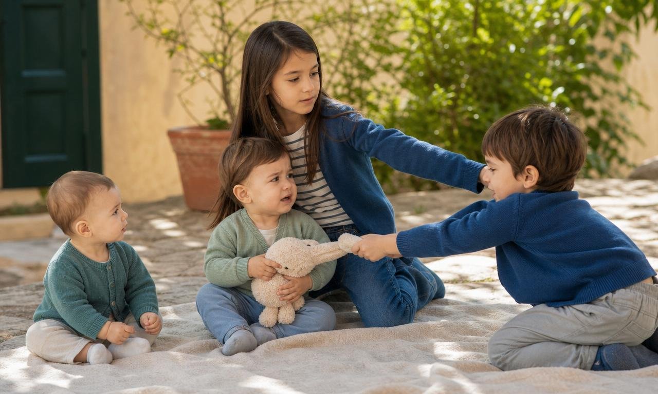 Un lattante osserva affascinato un bambino che protegge un compagno più piccolo.