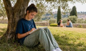 Adolescente disegna serenamente da solo sotto un ulivo, con coetanei sullo sfondo.