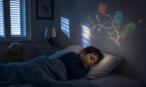 Bambino dorme serenamente mentre delicati riflessi luminosi collegano forme creative sopra il cuscino.