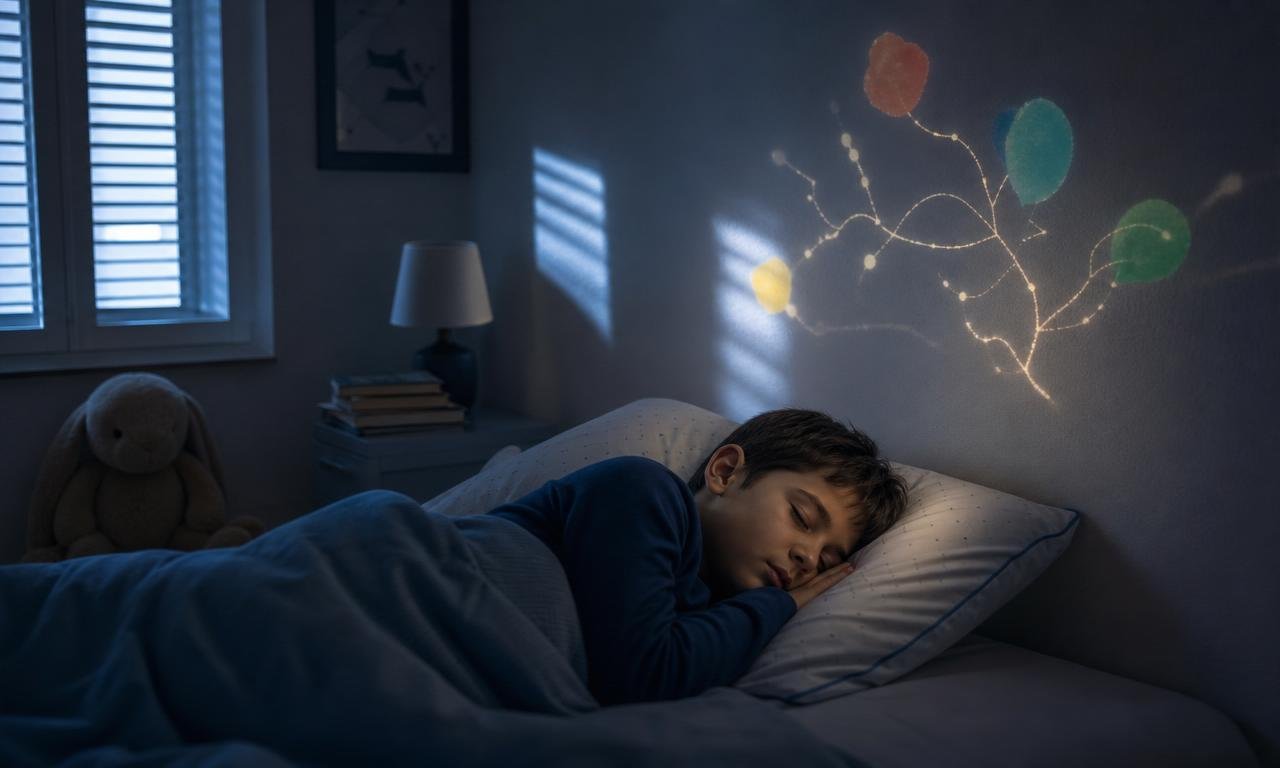 Bambino dorme serenamente mentre delicati riflessi luminosi collegano forme creative sopra il cuscino.
