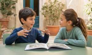 Due bambini si confrontano su una storia, imparando attraverso la spiegazione.