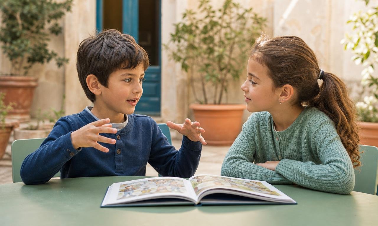 Due bambini si confrontano su una storia, imparando attraverso la spiegazione.