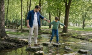 Un bambino affronta un piccolo ostacolo con il sostegno attento di un genitore.