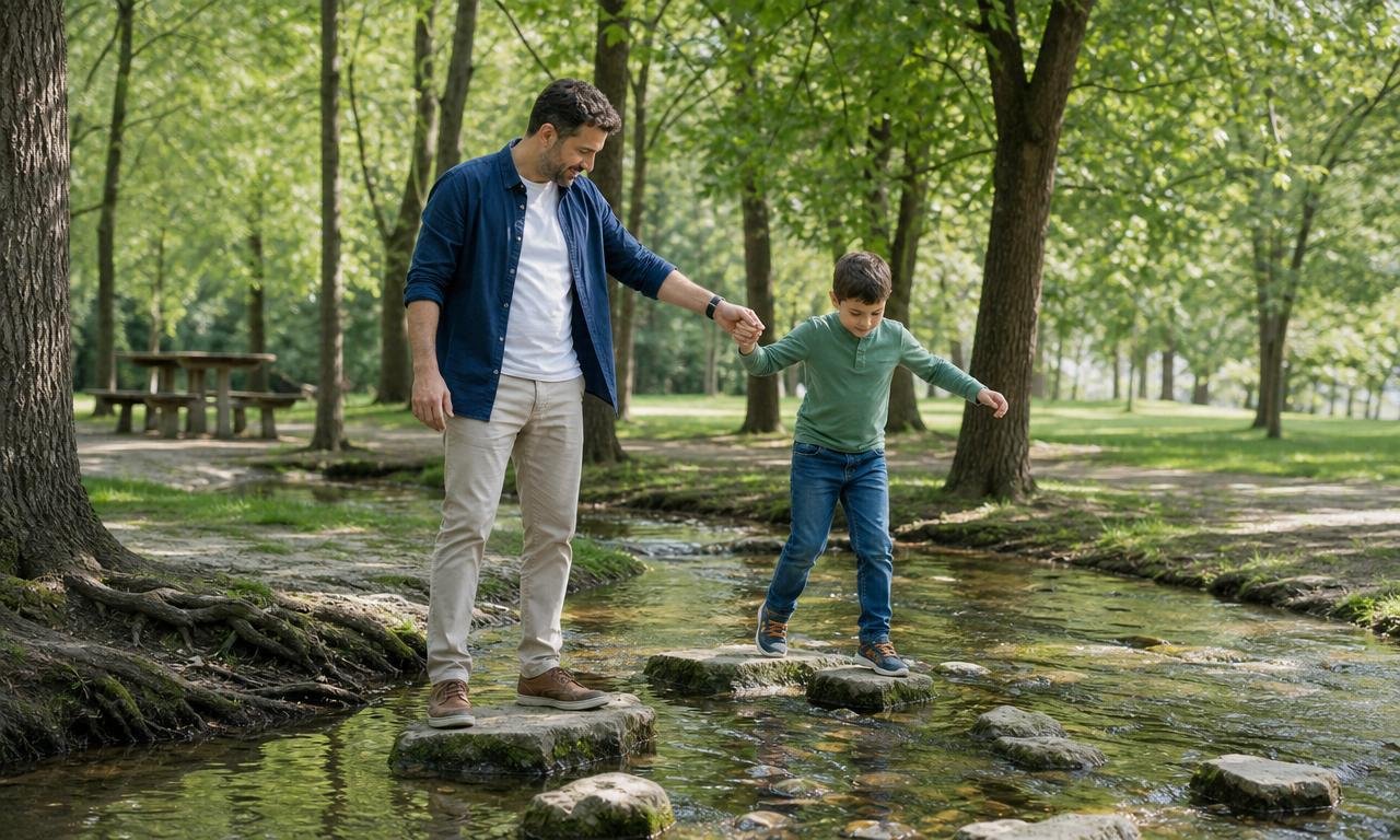 Un bambino affronta un piccolo ostacolo con il sostegno attento di un genitore.