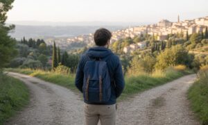 Giovane adulto riflette davanti a due sentieri sulle colline di un borgo italiano.
