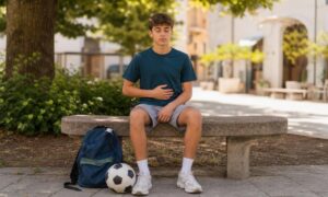 Adolescente respira con calma davanti a uno zaino e un pallone.