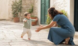 Un lattante muove i primi passi verso le braccia protettive di un genitore.