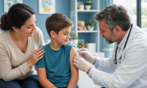 Pediatra somministra il vaccino antimorbillo a un bambino accompagnato da un genitore.