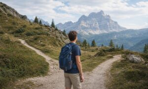 Adolescente sceglie un sentiero alpino, mentre la cima resta lontana sullo sfondo.