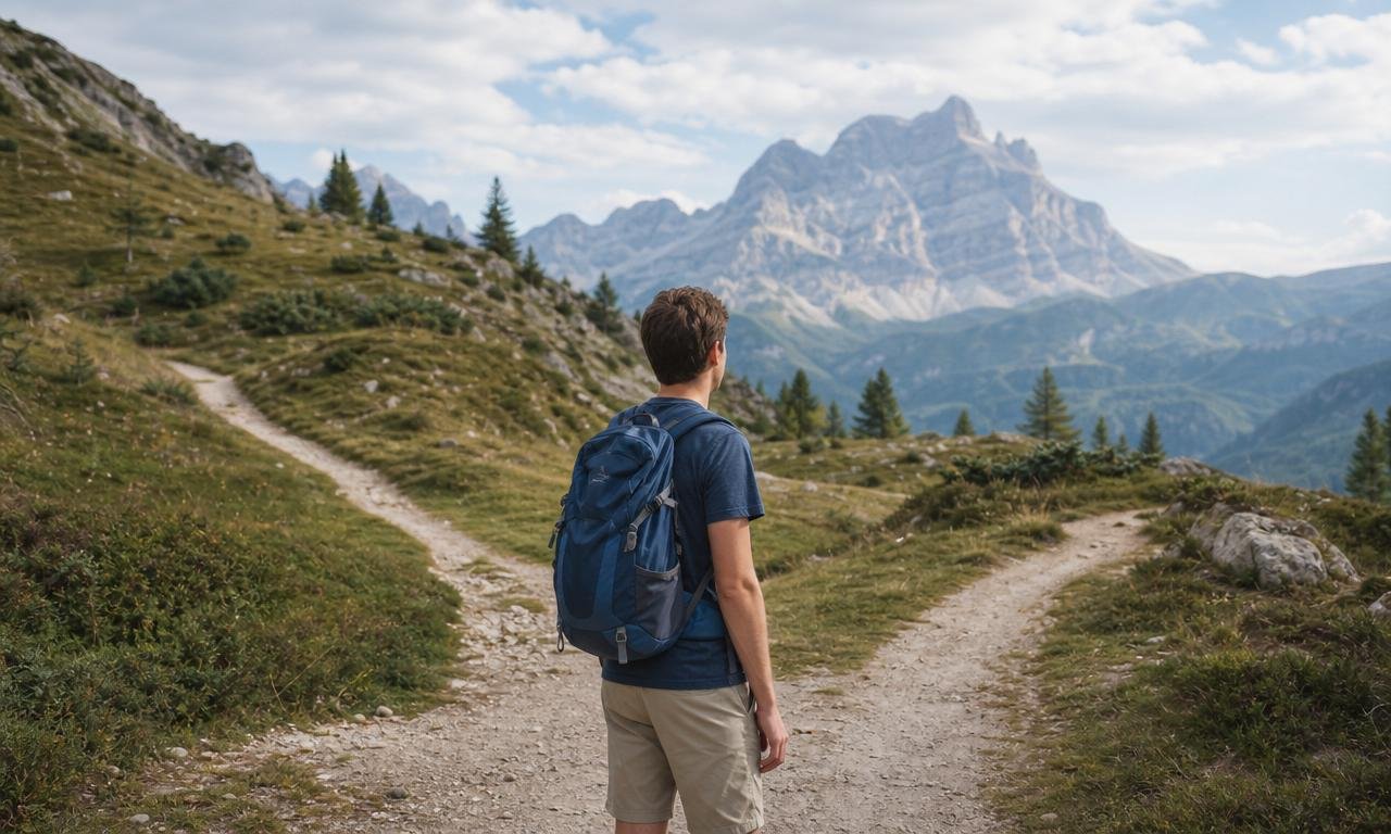 Adolescente sceglie un sentiero alpino, mentre la cima resta lontana sullo sfondo.