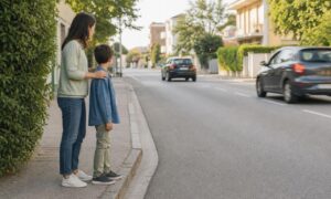 Bambino attende sul marciapiede con un genitore mentre due auto transitano distanziate.