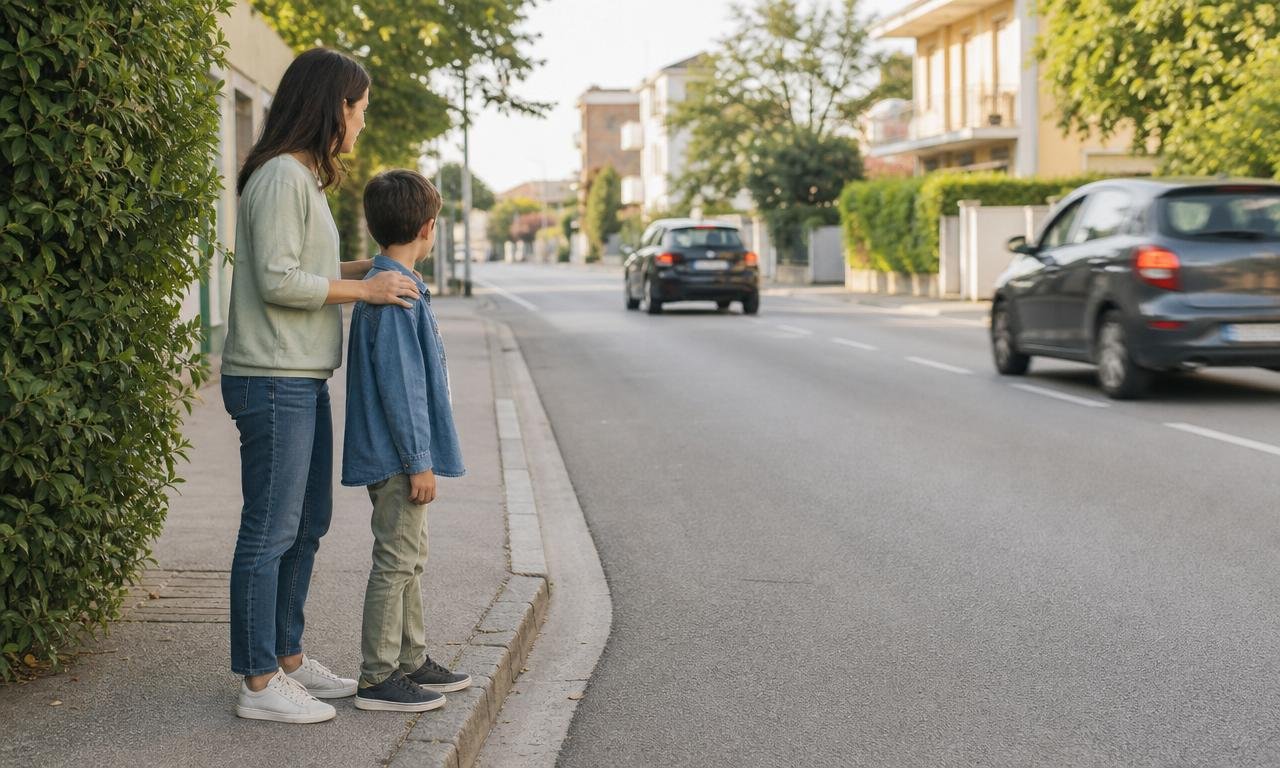 Bambino attende sul marciapiede con un genitore mentre due auto transitano distanziate.