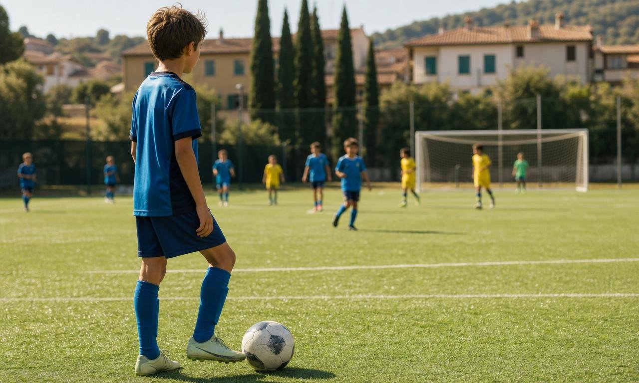 Giovane calciatore osserva il campo prima del passaggio, immaginando il gioco nel suo insieme.