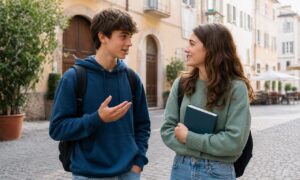 Due adolescenti conversano con curiosità e gentilezza in una tranquilla piazza italiana.