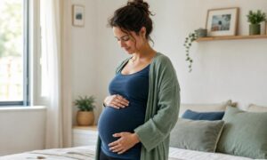 Una donna incinta parla dolcemente al bambino che cresce nel suo grembo.